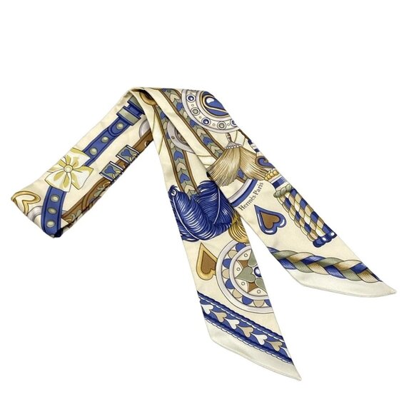 HERMES Twilly - Cream Blue Multi Scarf 422-072225 - Picture 1 of 3